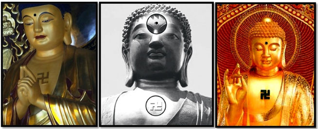 Il Buddha con la svastica sul petto e il terzo occhio aperto, in comunione con la sua “anima interiore” l’apice dell’insegnamento induista-ariano.
